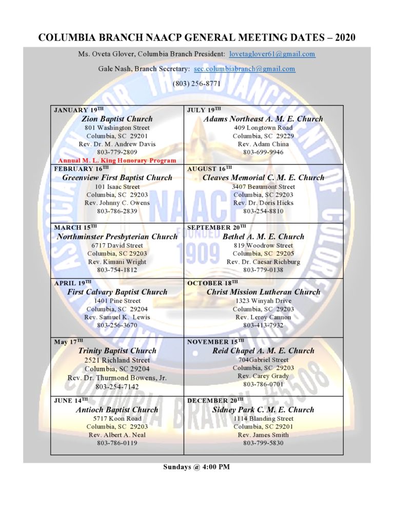 Yearly General Meeting Dates and Places Columbia, SC NAACP